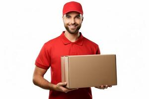 AI generated delivery man in red holding cardboard box isolated on a white background photo