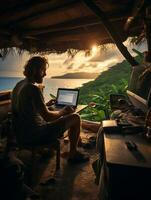 AI generated man working in front of laptop in beautiful place photo