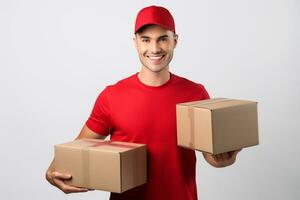 AI generated delivery man in red holding cardboard box isolated on a white background photo