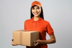 AI generated Beautiful woman in an orange shirt holding cardboard box, delivery service photo