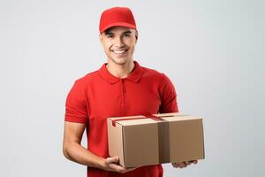 AI generated delivery man in red holding cardboard box isolated on a white background photo