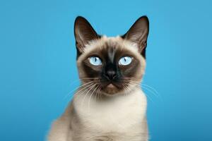 AI generated Close up of siamese cat with blue eyes on a blue background photo