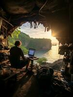 ai generado hombre trabajando en frente de ordenador portátil en hermosa sitio foto