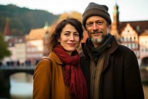 AI generated Senior tourist couple smiling on the street while taking a walk in the city center photo