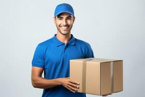 AI generated delivery man wearing blue shirt and cap holding cardboard box on a white background photo