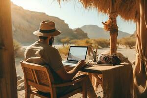 AI generated man working in front of laptop in beautiful place photo