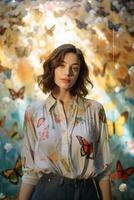 AI generated a woman standing in front of butterflies in a room photo
