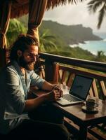 ai generado hombre trabajando en frente de ordenador portátil en hermosa sitio foto