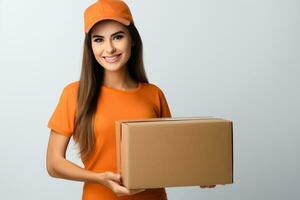 AI generated Beautiful woman in an orange shirt holding cardboard box, delivery service photo