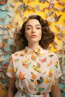 AI generated a woman standing in front of butterflies in a room photo