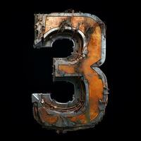 AI generated the number 3 is made of rusty metal on a black backround photo