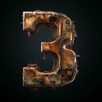 AI generated the number 3 is made of rusty metal on a black backround photo