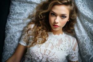 AI generated beautiful woman in white lace dress lying on the bed photo