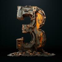 AI generated the number 3 is made of rusty metal on a black backround photo