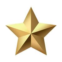 Golden Christmas 3d Star metal glossy bright shine five angle star shape isolated on white Background. Icon for holiday design element. vector