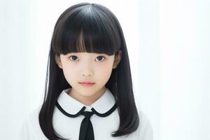 ai generado japonés elemental colegio niña con negro pelo aislado foto