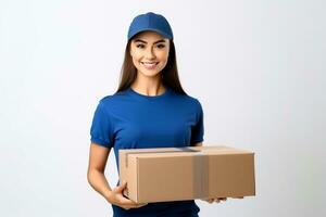 AI generated a smiling woman in blue shirt holding a cardboard box. Delivery woman handing cardboard box photo