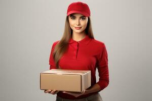 ai generado hermosa joven hembra mensajero en un rojo gorra y camiseta. el entrega niña es participación un cartulina caja foto