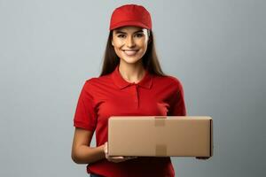 AI generated Beautiful young female courier in a red cap and t-shirt. The delivery girl is holding a cardboard box photo