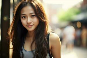 AI generated beautiful smiling young asian woman wearing tank top photo