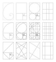 Set of golden ratio. Method golden sections. Fibonacci array and numbers. Harmony proportions. Outline template. Vector graphic illustration. Eps.