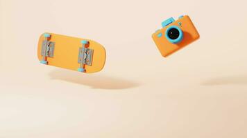 in beweging skateboard en camera in de geel achtergrond, 3d weergave. video