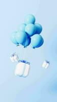 bianca regalo scatole con blu arco e palloncini su blu sfondo. 3d resa. video