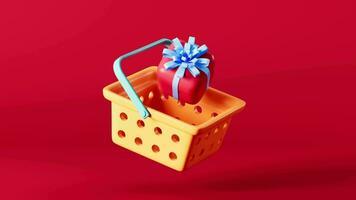 The gift in the shopping basket in the red background, 3d rendering. video