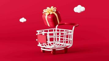 Red gift flying on the shopping cart in the red background, 3d rendering. video