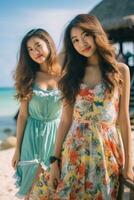 AI generated two indonesian women in colorful dresses standing on the beach photo