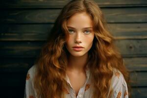 AI generated beautiful young russian woman freckled face with long hair photo