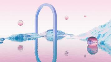 Abstract frame arch and spheres with water surface and mountains video, 3d rendering. video