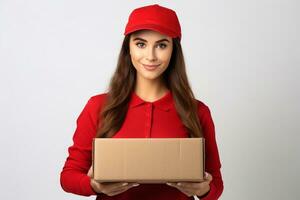 AI generated Beautiful young female courier in a red cap and t-shirt. The delivery girl is holding a cardboard box photo