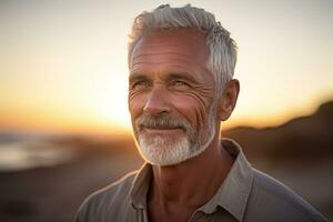 happy old man standing in front of sunset beach bokeh style background AI Generated photo