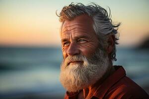 happy old man standing in front of sunset beach bokeh style background AI Generated photo