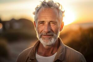 happy old man standing in front of sunset beach bokeh style background AI Generated photo