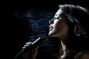 AI generated white female singer singing with microphone in front of dark background bokeh style background photo