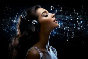 AI generated white female singer singing with microphone in front of dark background bokeh style background photo