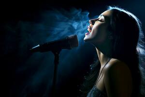 AI generated white female singer singing with microphone in front of dark background bokeh style background photo