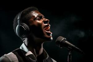 black male singer singing with microphone in front of dark background bokeh style background photo