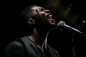 black male singer singing with microphone in front of dark background bokeh style background photo