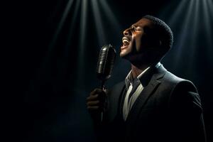 black male singer singing with microphone in front of dark background bokeh style background photo
