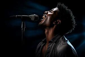 black male singer singing with microphone in front of dark background bokeh style background photo