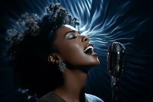 black female singer singing with microphone in front of dark background bokeh style background photo