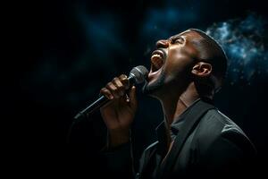 AI generated black female singer singing with microphone in front of dark background bokeh style background photo