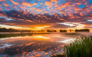 AI generated Ethereal Dawn, A Captivating Sunrise Blanketing a Mist-Laden Marshland in Radiant Hues photo