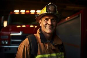 portrait of male firefighter smiling in front of fire truck bokeh style background photo