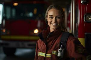 AI generated portrait of female firefighter smiling in front of fire truck bokeh style background photo