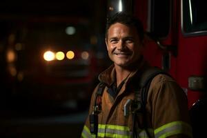 AI generated portrait of male firefighter smiling in front of fire truck bokeh style background photo