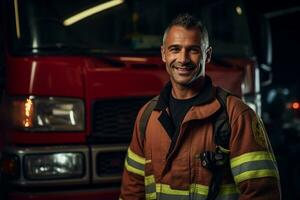 ai generado retrato de masculino bombero sonriente en frente de fuego camión bokeh estilo antecedentes foto